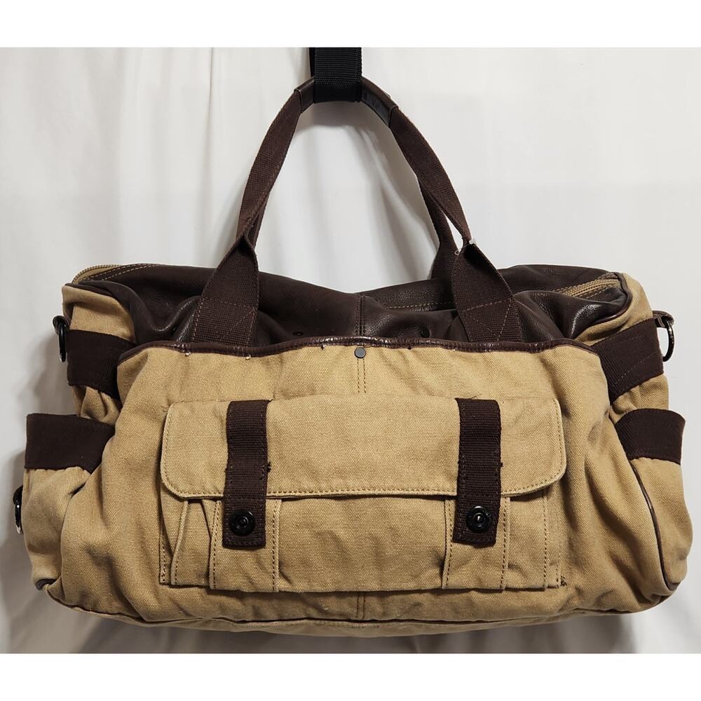 VTG Fossil Large Leather & Canvas Duffle Bag Overnight Brown No Shoulder Strap
